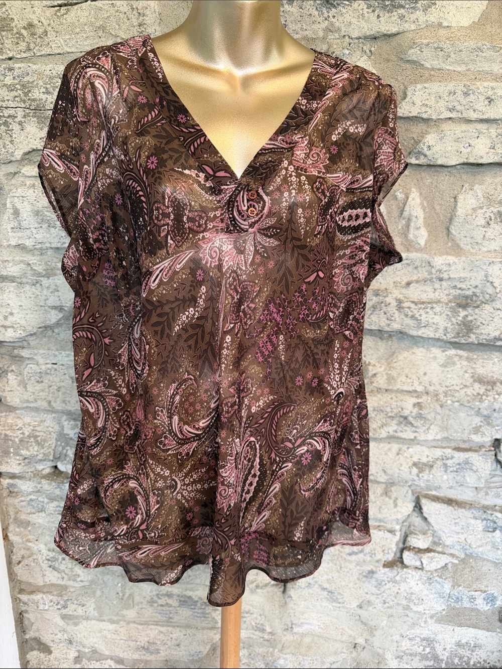 Women's V-Neck Paisley Blouse in Brown and Pink